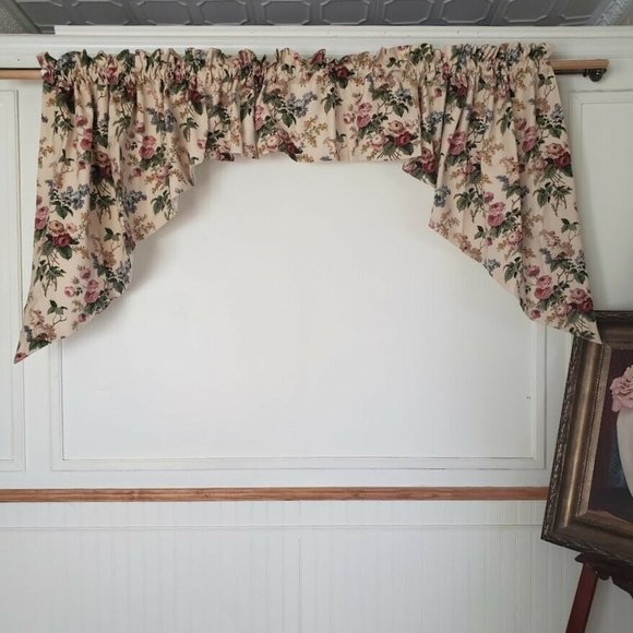 Swag Set & 42" Valance Wide Pocket 86W x 36L Cotton Twill Roses Floral Pattern - Picture 7 of 7